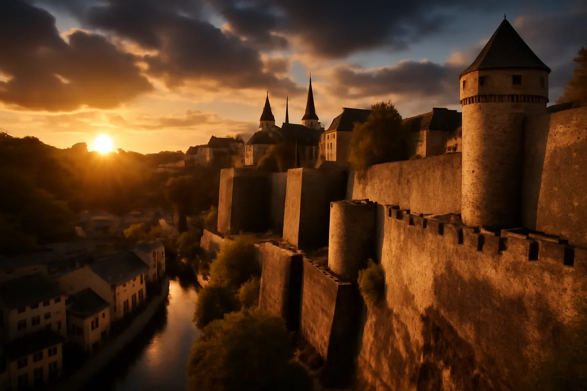 Panoramic view of Luxembourg City's UNESCO World Heritage old town with medieval fortifications, stone bridges, and the Alzette River valley bathed in golden sunset light