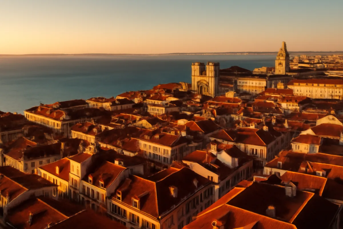 Aerial panoramic view of Lisbon's historic rooftops and the Tagus River at golden hour, with warm amber tones and terracotta architecture stretching toward the horizon