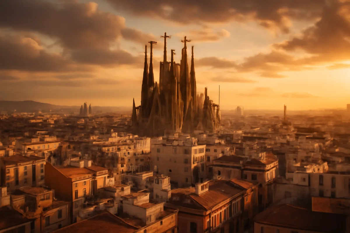Aerial view of Barcelona's skyline at golden hour with the Sagrada Familia cathedral prominently rising above the city's rooftops under a warm amber sky