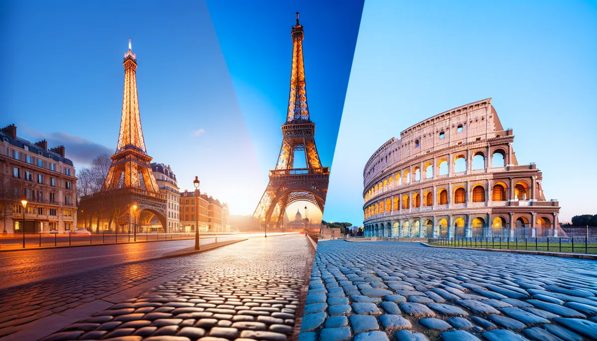Panoramic view of famous European landmarks including the Eiffel Tower, Big Ben, and Colosseum bathed in golden hour sunlight with cobblestone streets in the foreground