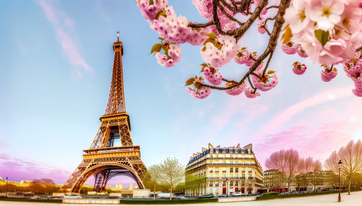 Golden hour view of the Eiffel Tower surrounded by blooming trees and classic Parisian Haussmann architecture