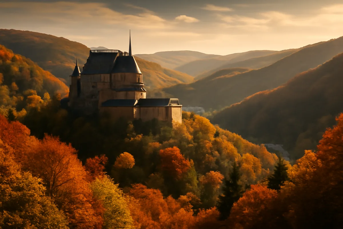 Medieval Vianden Castle on a hilltop surrounded by colorful autumn forest in Luxembourg's Ardennes region during golden hour
