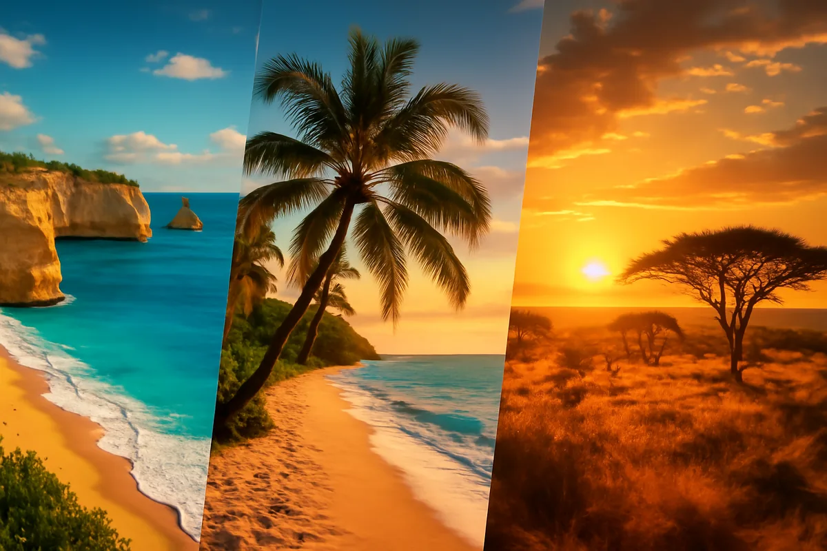 A stunning panoramic travel scene featuring a sun-drenched Mediterranean coastline with golden cliffs meeting turquoise waters, evoking the spirit of summer exploration and top July travel destinations.