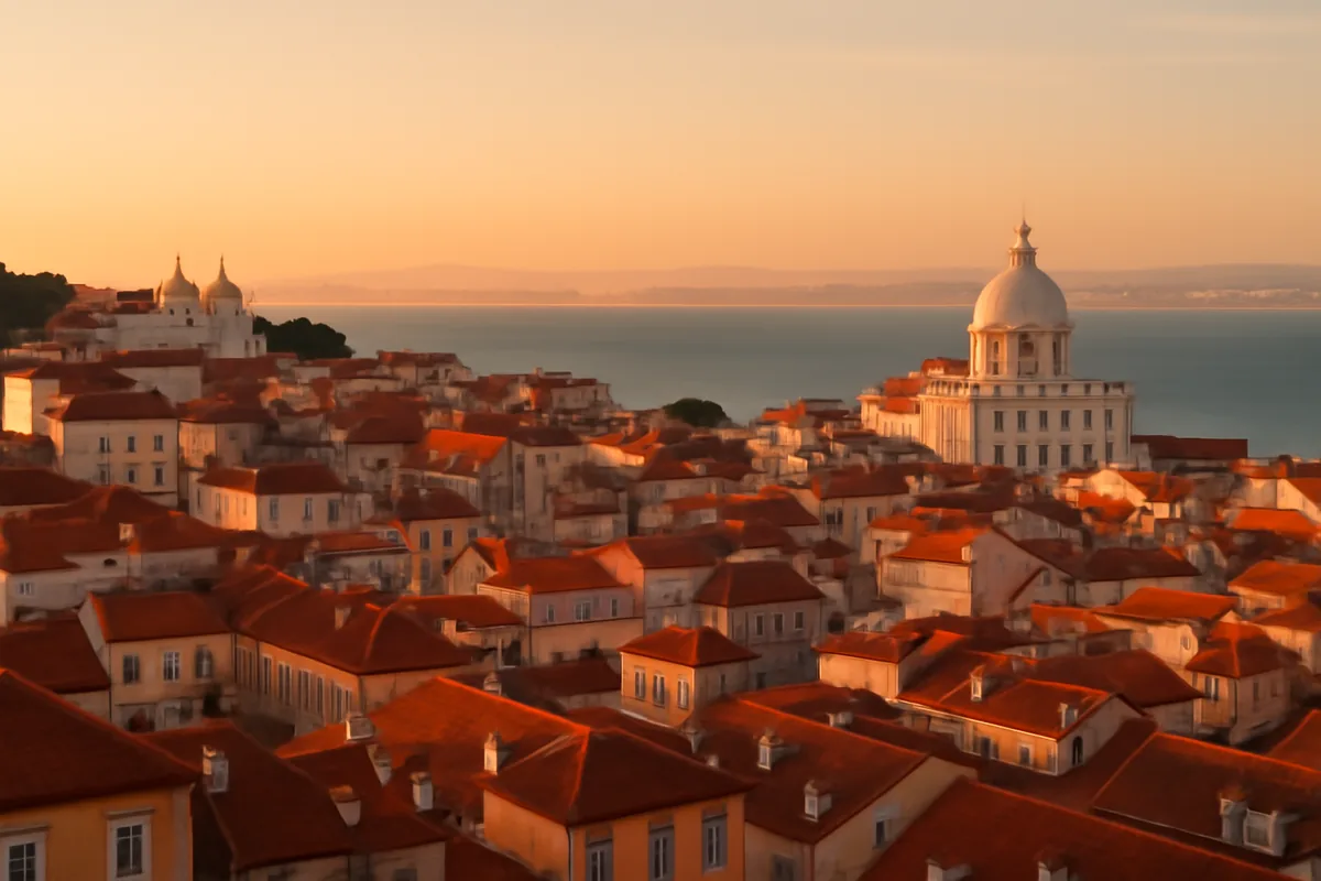Panoramic golden hour view of Lisbon's historic rooftops and the Tagus River, representing Portuguese travel and international connectivity