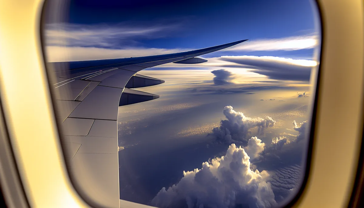 Airplane wing viewed from passenger window with clouds below and blue sky above during flight
