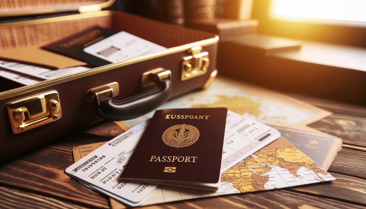 Travel essentials including passport and boarding passes arranged on a wooden surface with vintage luggage and maps, captured in warm natural lighting