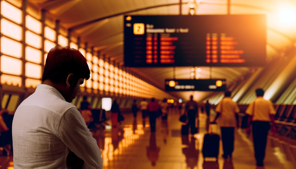 Silhouette of a lone traveler standing in a bustling airport terminal with departure boards and gates visible in the background