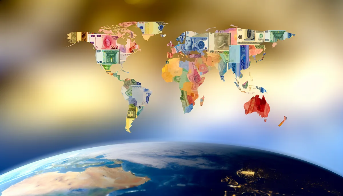 Artistic representation of international currency bills arranged like a world map floating above a globe, symbolizing global travel costs