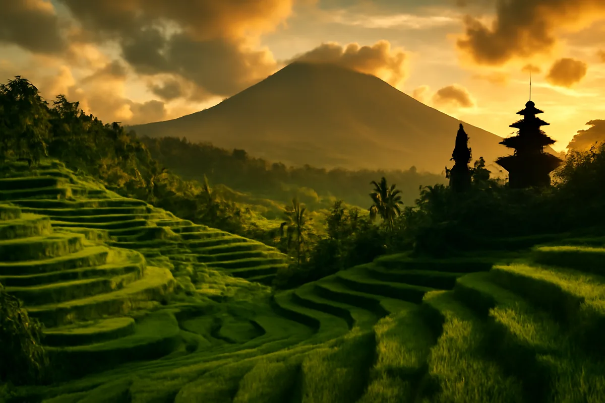 Lush green Balinese rice terraces cascading down hillsides with a traditional temple silhouette and volcanic mountain in the background during golden hour