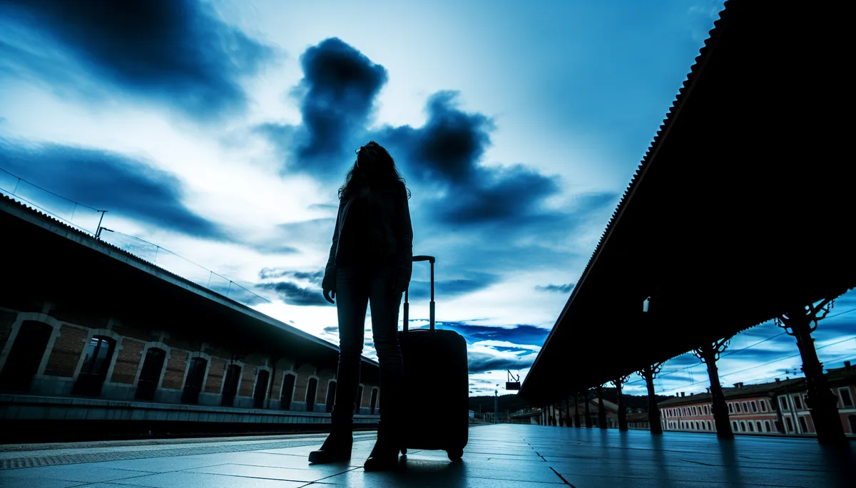 Silhouette of a traveler with luggage standing alone on a European train station platform under an overcast sky