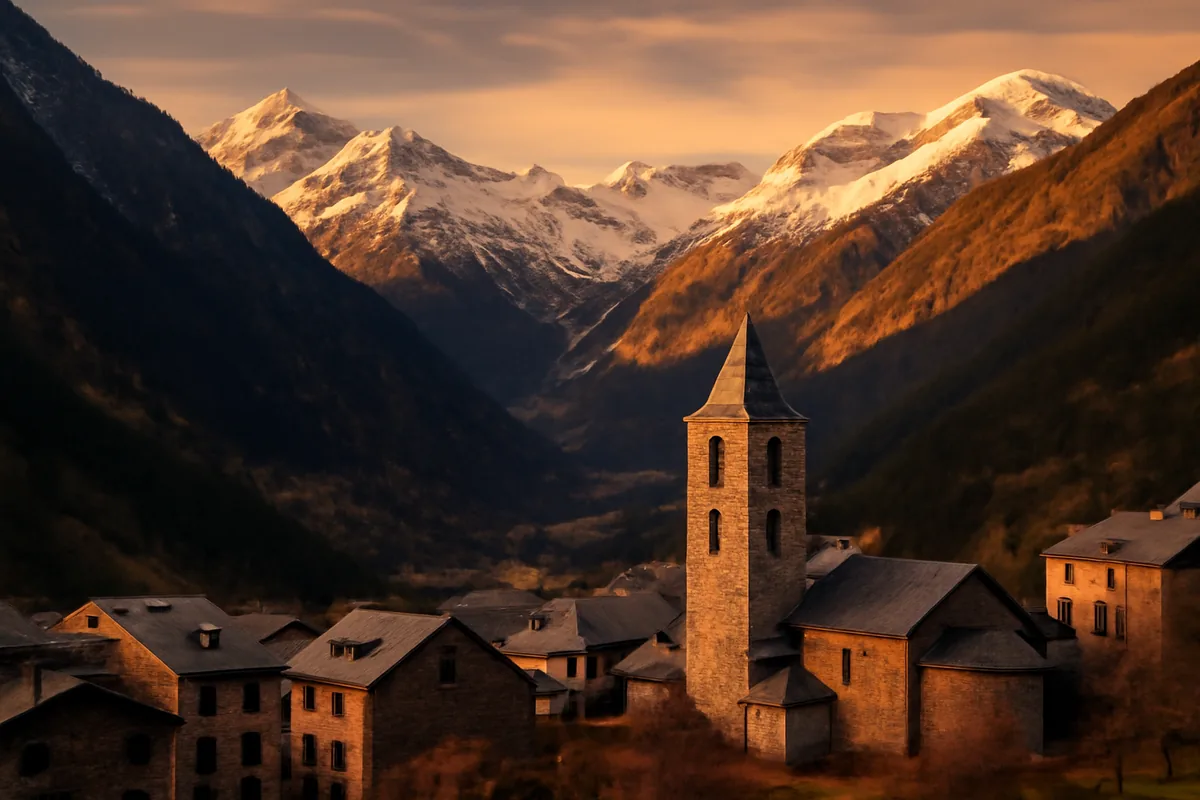 A picturesque Andorran mountain village with traditional stone architecture and a church steeple nestled between snow-capped Pyrenees peaks at golden hour
