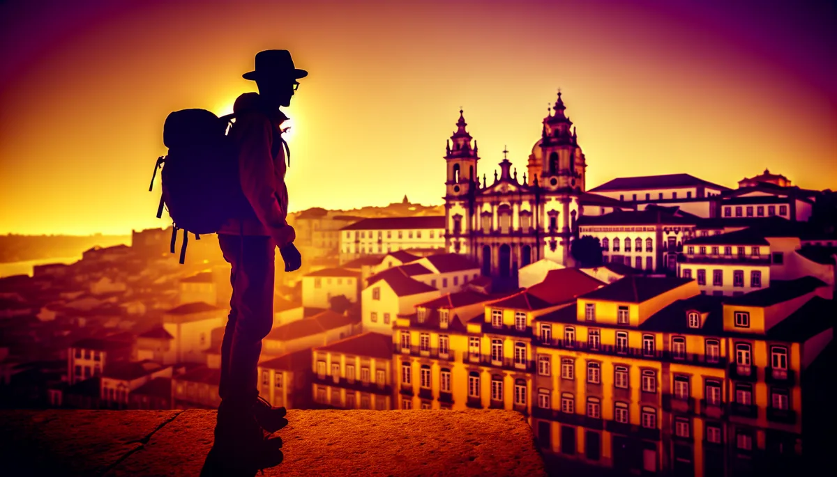 Silhouette of a traveler with backpack overlooking a European city at sunset, representing international travel from Portugal