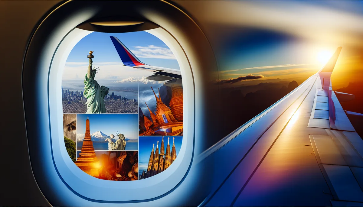 Airplane wing view showing international travel destinations including iconic landmarks from USA, Brazil, and Thailand visible through the aircraft window during golden hour