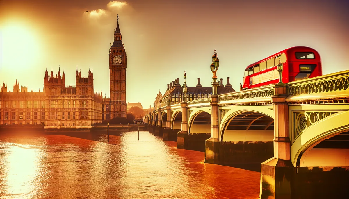 London skyline featuring Big Ben and the Thames River with a red double-decker bus crossing Westminster Bridge during golden hour