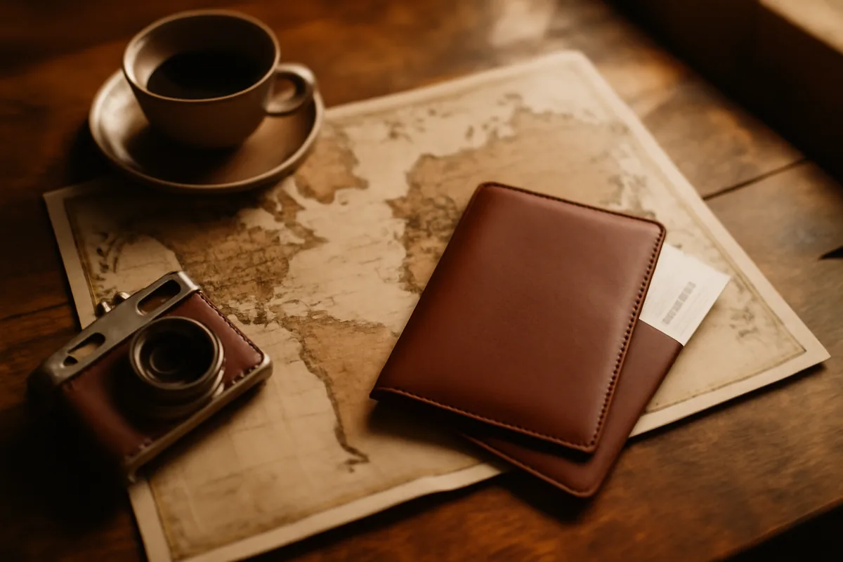 A travel flat lay featuring a leather passport and world map on a rustic wooden table in a warmly lit cafe setting