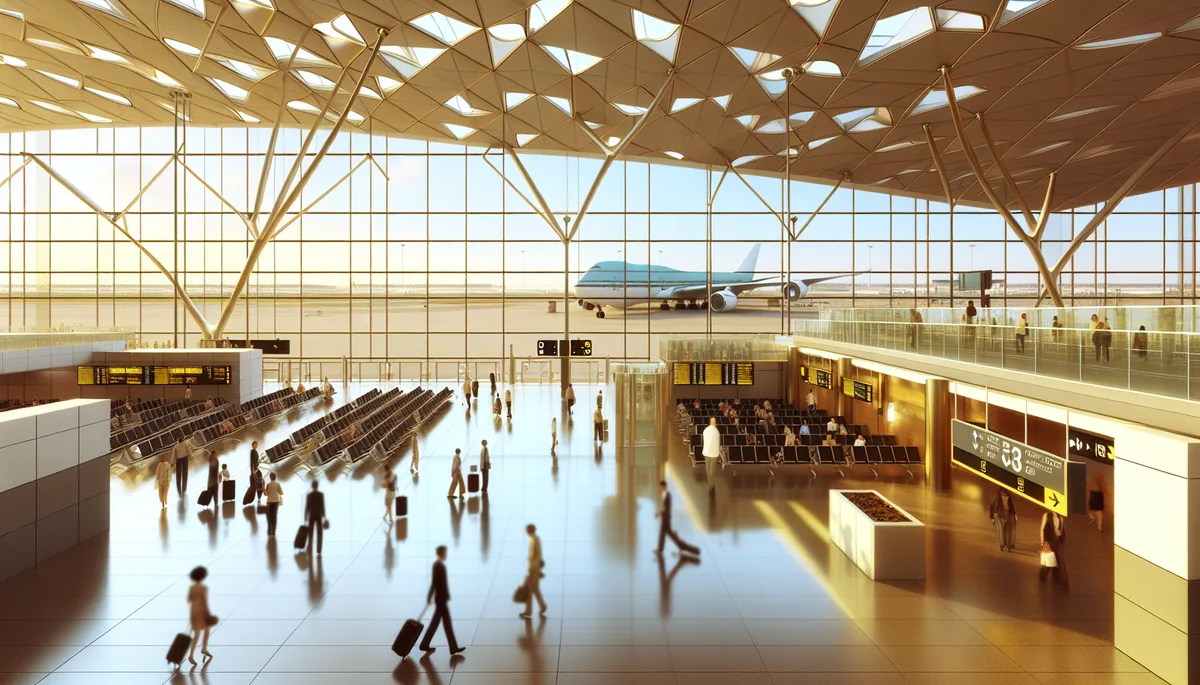 Modern airport terminal with travelers walking through spacious hall, large windows showing aircraft on tarmac, emphasizing international travel connectivity
