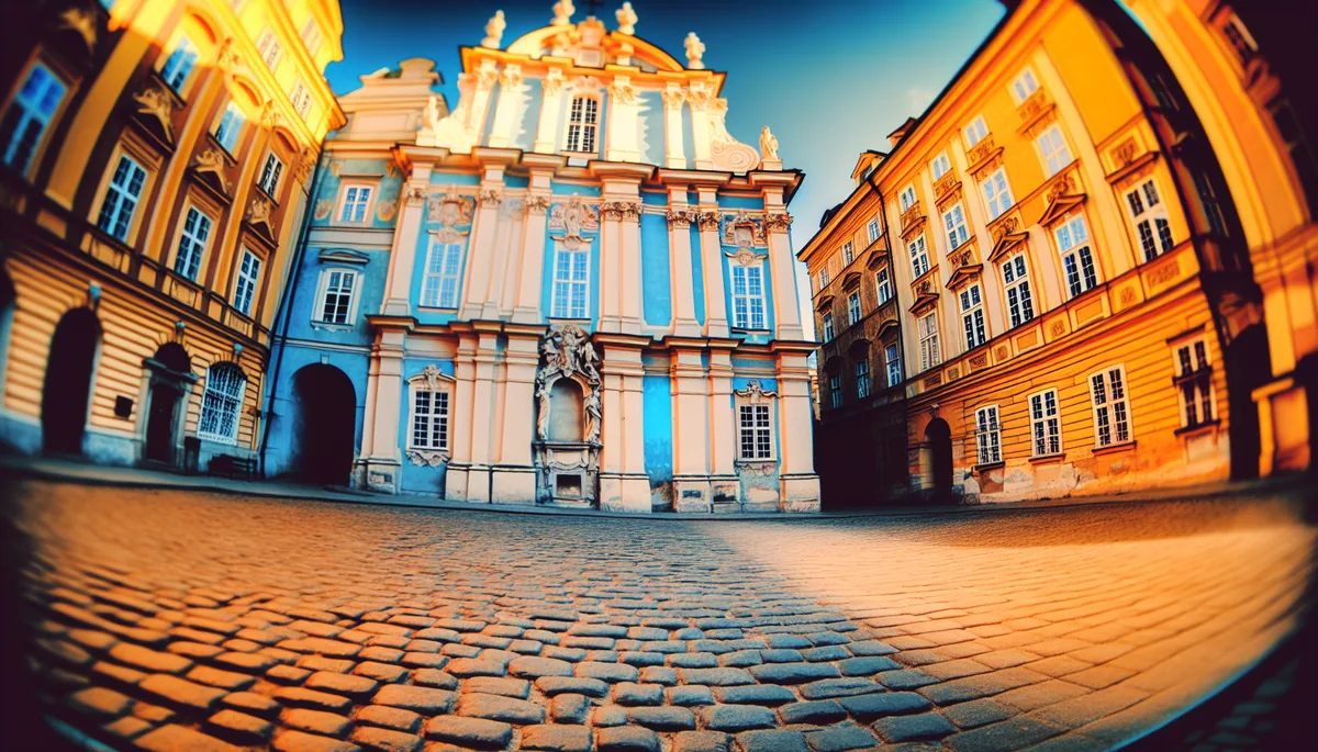Historic European city square with colorful baroque buildings and cobblestone streets bathed in golden hour sunlight