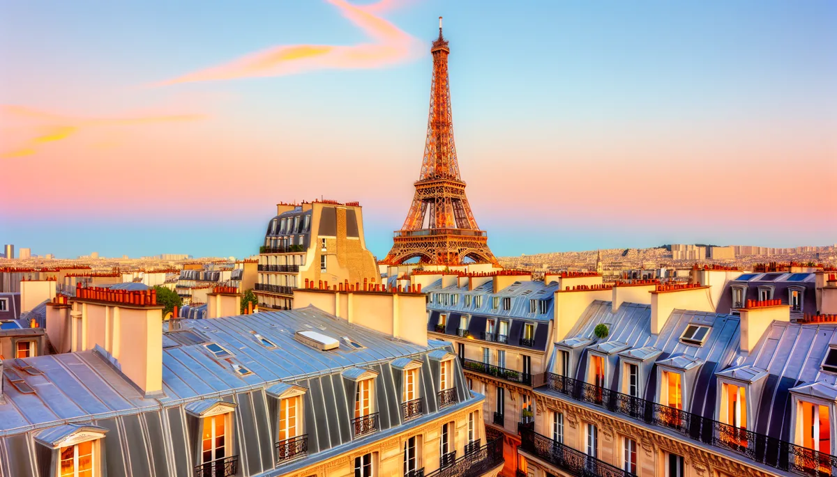 Golden hour view of the Eiffel Tower rising above traditional Parisian rooftops with classic Haussmanian architecture