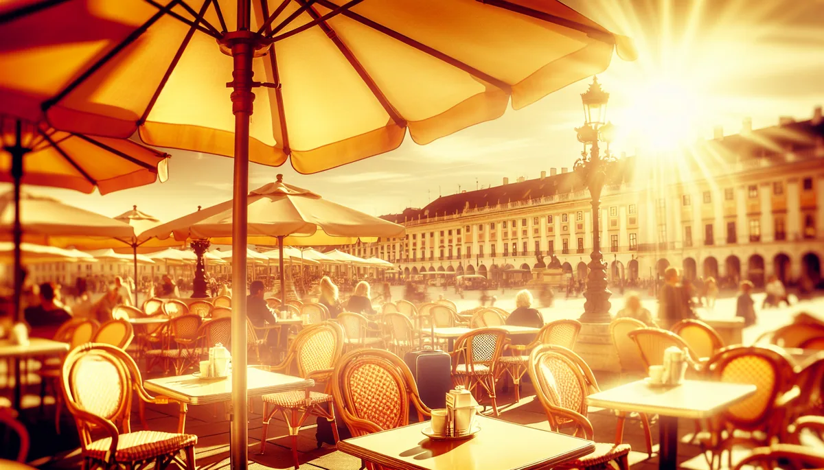 European café terrace with travelers and luggage overlooking a charming city square in warm afternoon light