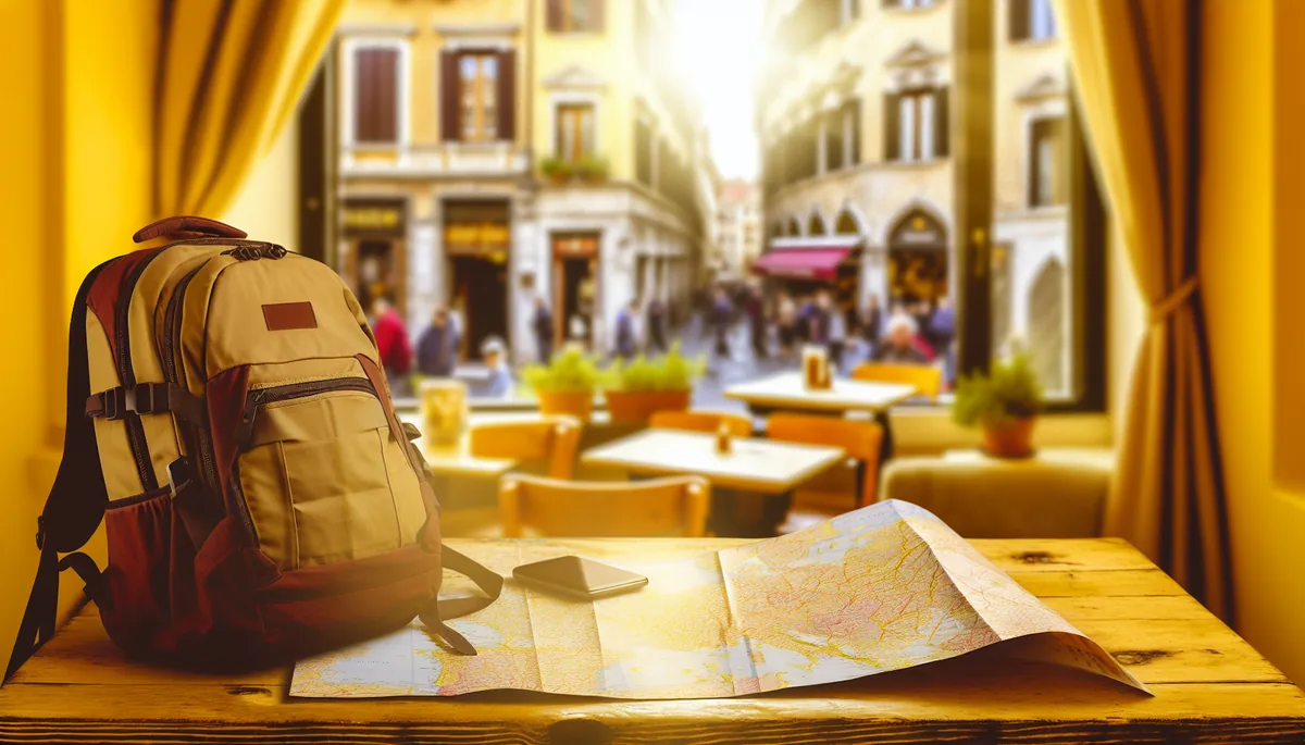 Travel planning scene with backpack and map on cafe table overlooking a European city square