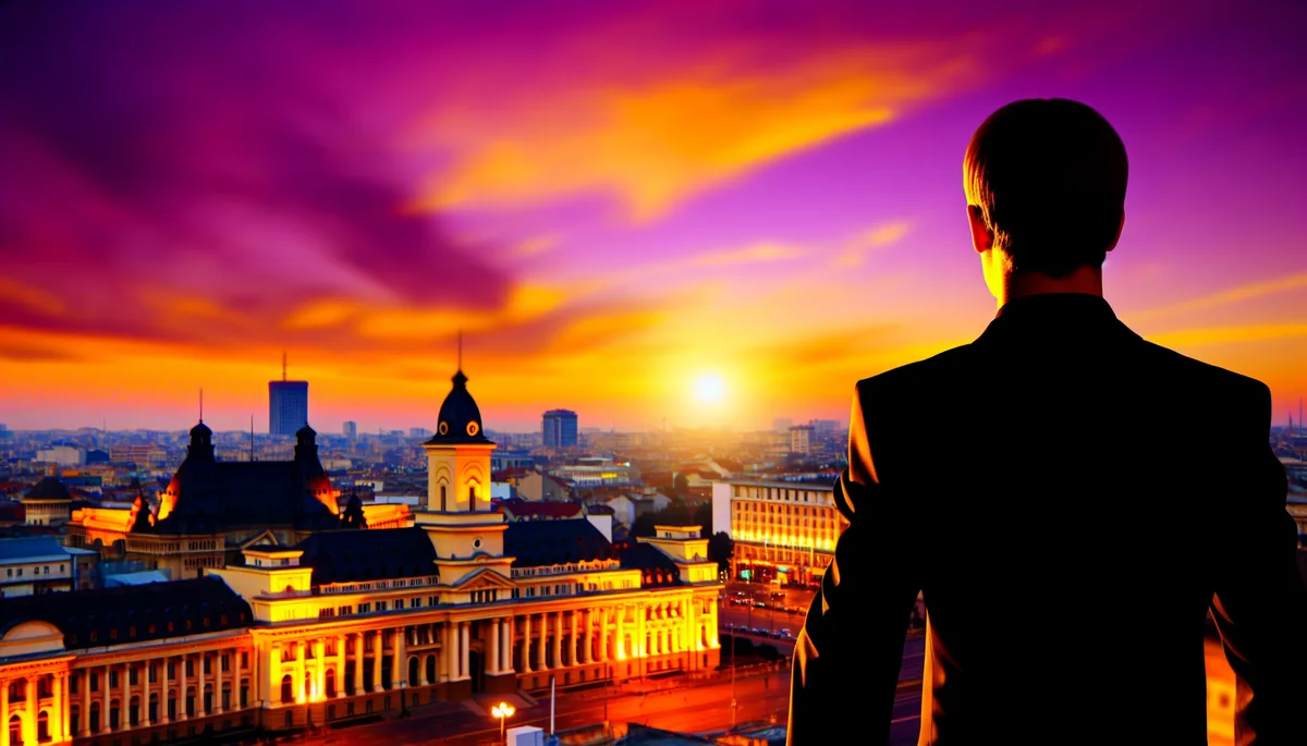 Silhouette of a traveler overlooking Bucharest cityscape at sunset with the Parliament Palace and historic buildings bathed in golden light