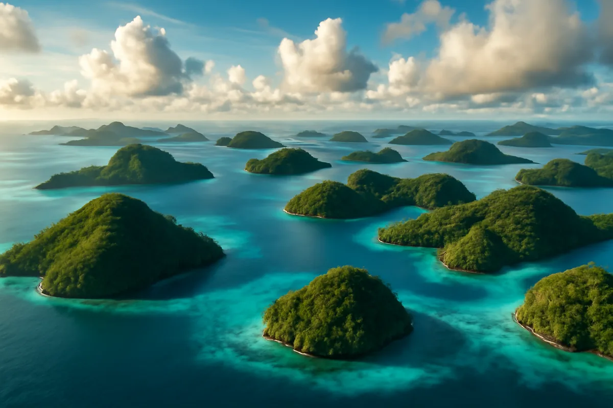 Aerial view of the Indonesian archipelago showing lush green tropical islands surrounded by turquoise ocean waters under a bright sky