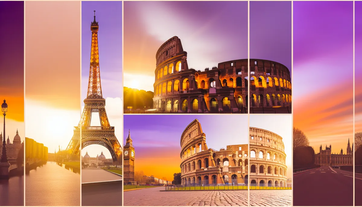 Panoramic view of famous European landmarks including the Eiffel Tower, Colosseum, and Big Ben during golden hour with warm sunset lighting