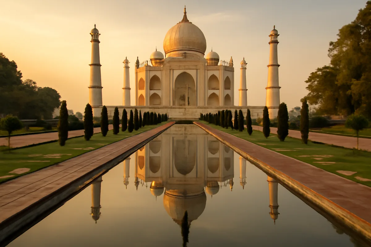 The Taj Mahal at sunrise, reflected in the central pool of its symmetrical gardens, bathed in warm golden morning light