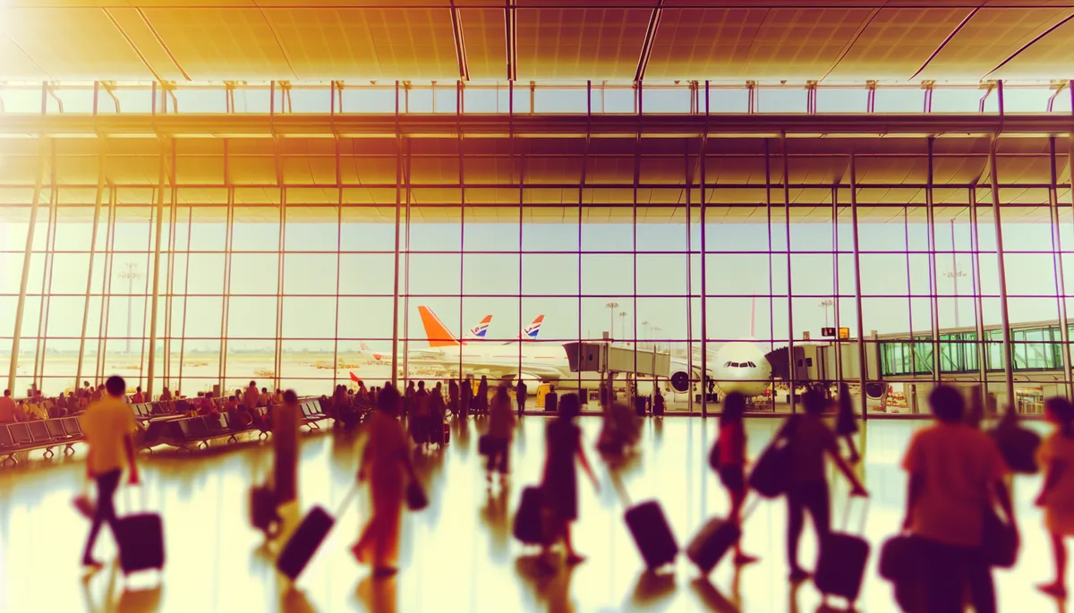 International airport departure hall with travelers and their luggage walking through a bright, modern terminal with large windows showing aircraft on the tarmac