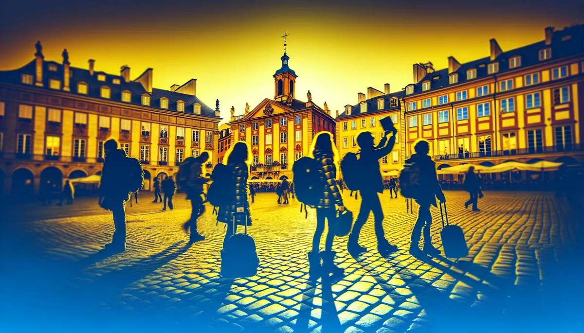 European city square with historic buildings and cobblestone streets during golden hour, with silhouettes of travelers walking through the scene
