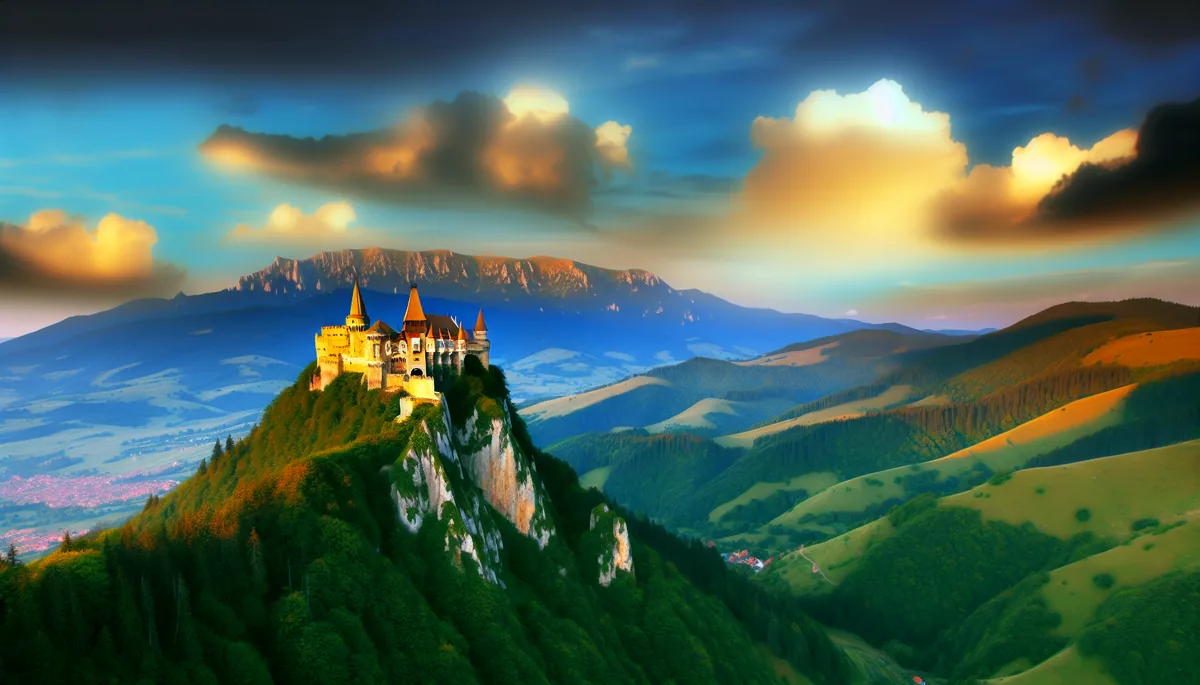 Majestic Romanian castle on a mountain cliff overlooking the Carpathian Mountains during golden hour