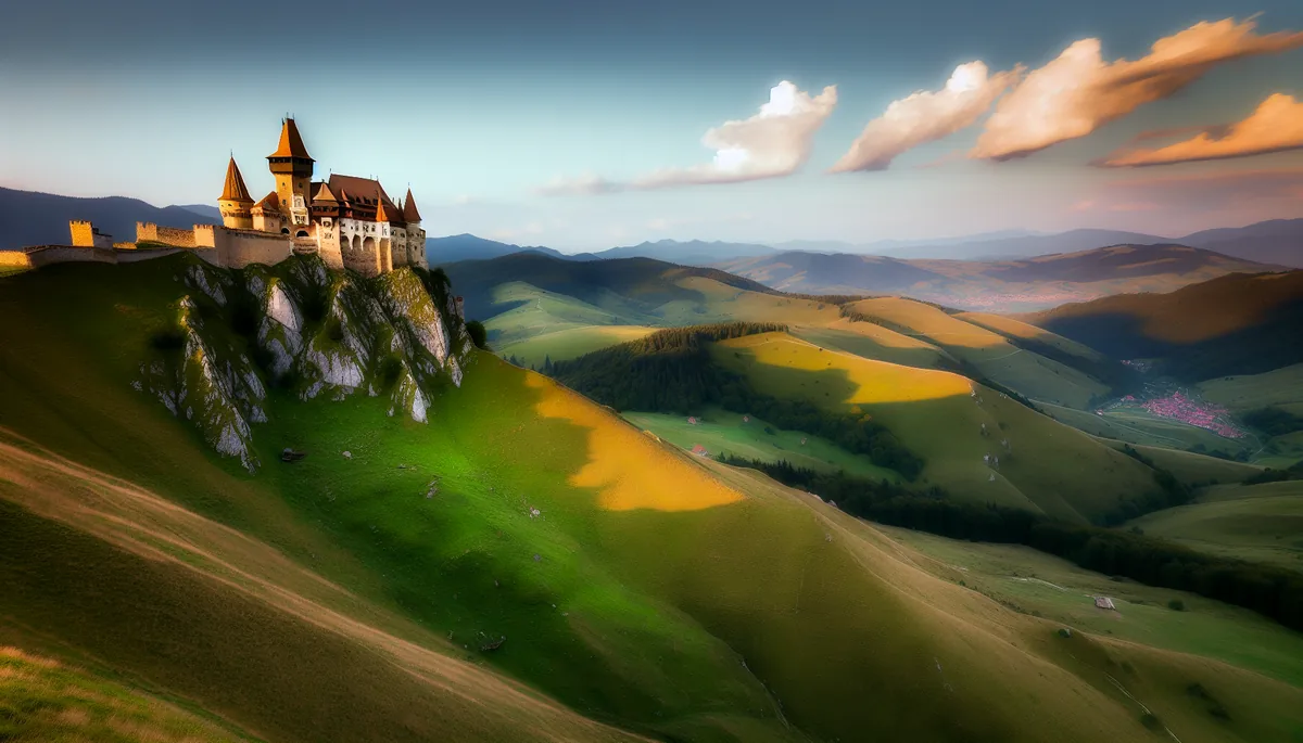 Majestic Romanian castle on a mountain cliff surrounded by the Carpathian Mountains landscape during golden hour
