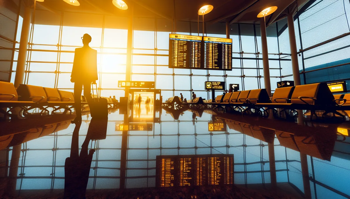 Silhouette of a traveler at an international airport departure gate with destination boards in the background, bathed in golden sunlight