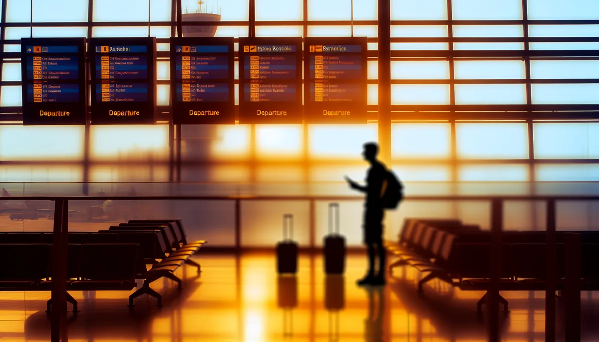 Silhouette of a traveler at an airport departure gate with destination signs blurred in the background during golden hour