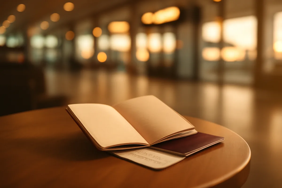 A travel passport resting on an airport lounge table with blurred departure gates in the warm background, evoking the feeling of international travel preparation