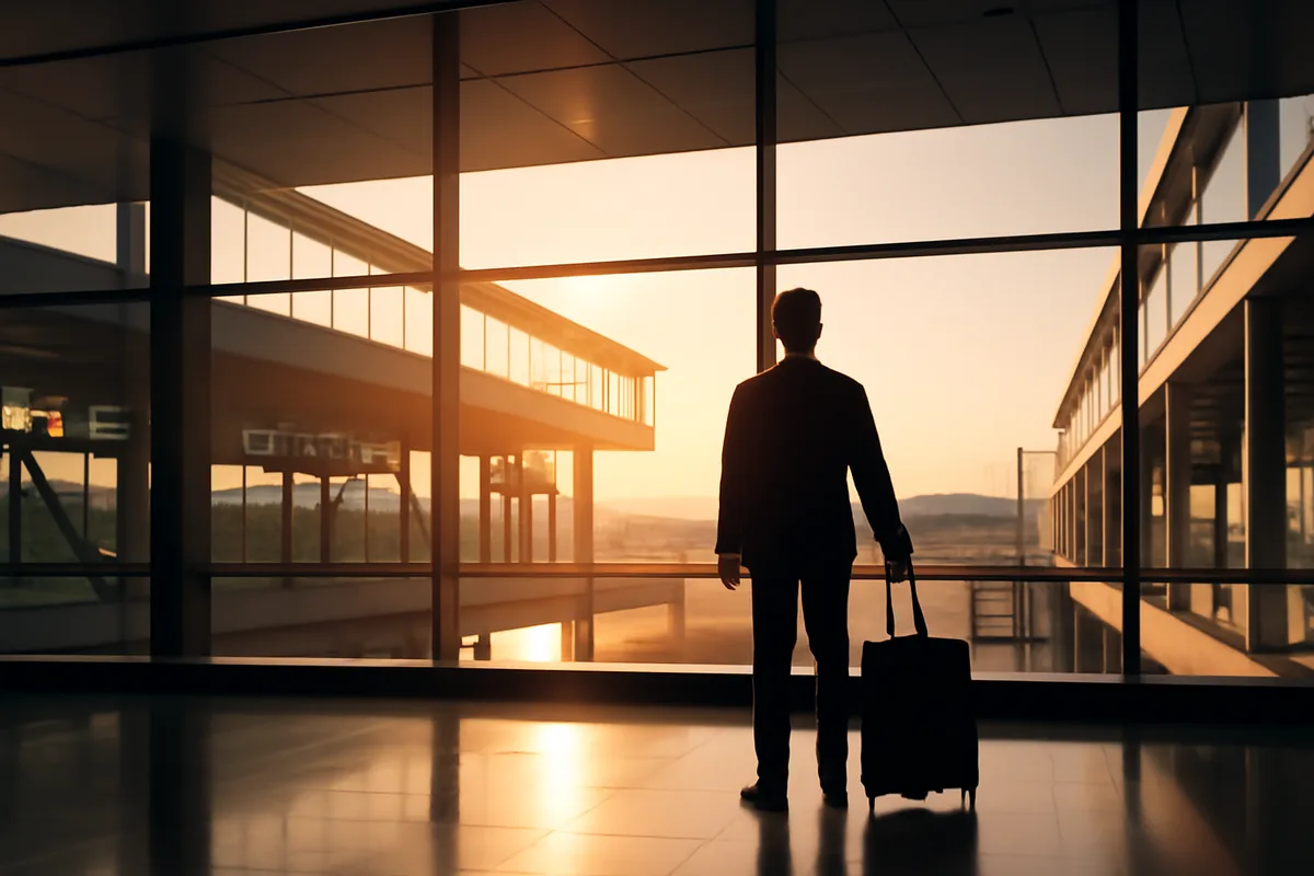 Silhouette of a traveler at a modern airport terminal with multiple gates and warm evening lighting