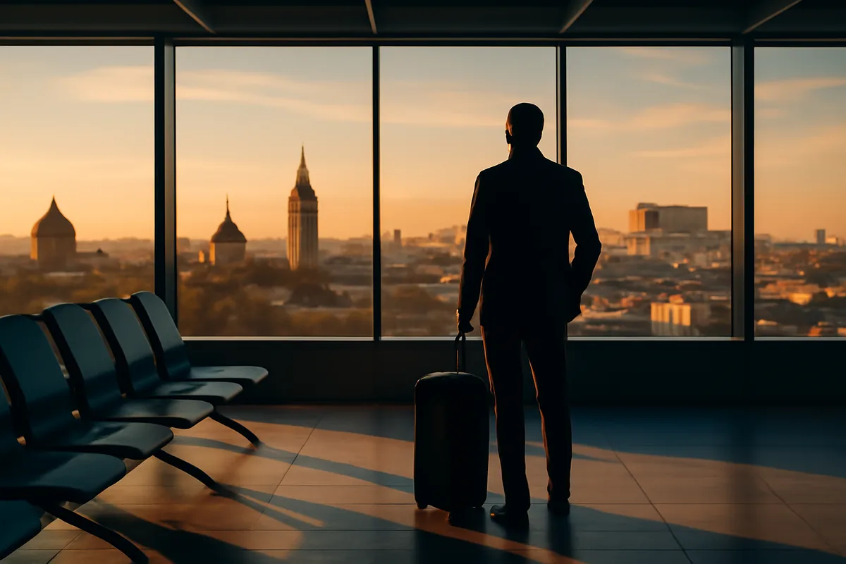 Silhouette of a traveler at Bucharest airport departure gate with city skyline visible through windows during golden hour