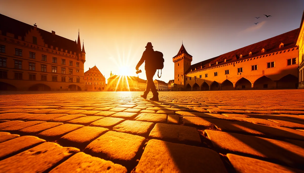 Silhouette of a traveler walking through a historic European city square during golden hour, with cobblestone streets and medieval buildings creating an atmosphere of carefree travel