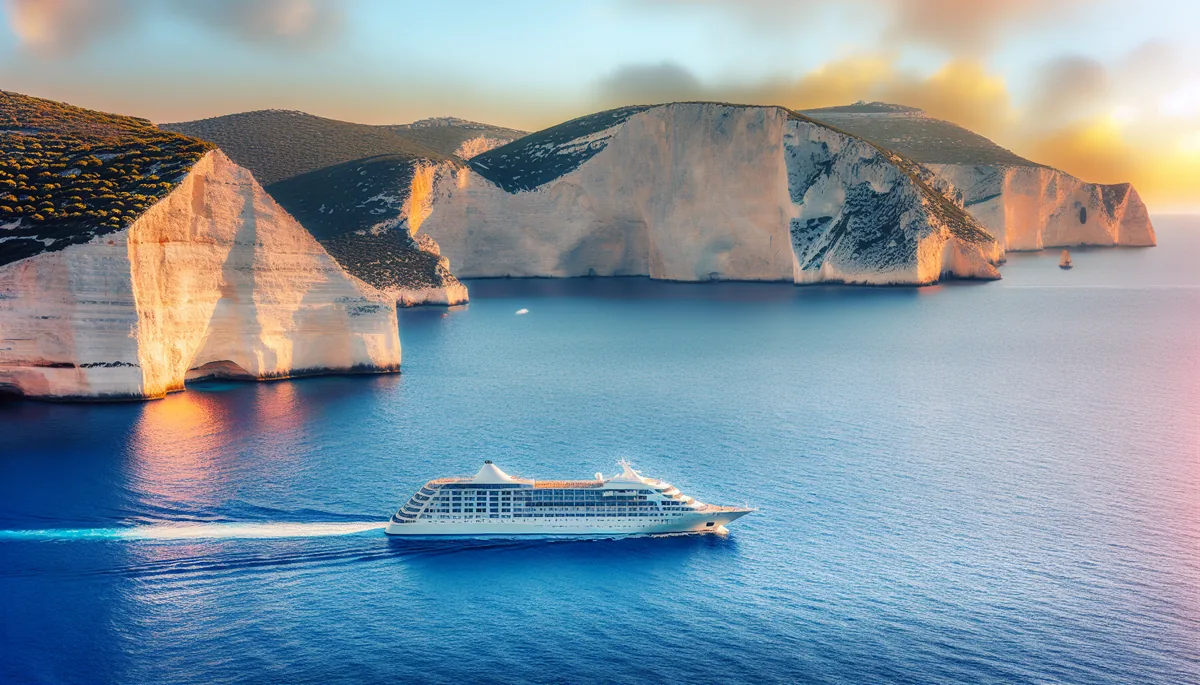 Elegant cruise ship sailing on calm turquoise waters with dramatic coastal cliffs in the background during golden hour