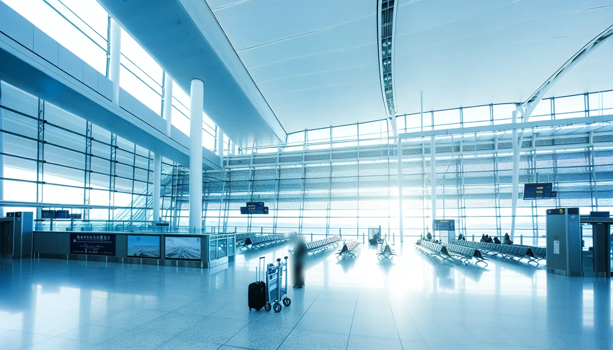 Modern airport terminal with travelers walking through a bright, spacious departure area with large windows and contemporary architecture