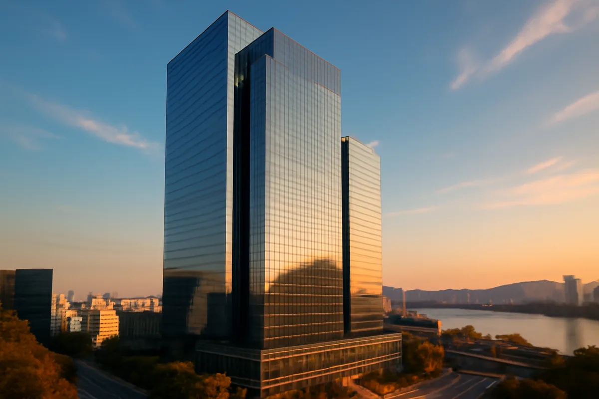 Modern glass Samsung headquarters building in Seoul with urban cityscape and river view during golden hour