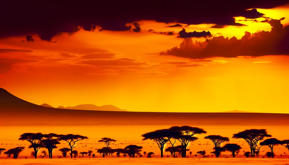Breathtaking African savanna sunset with silhouetted acacia trees and golden grasslands stretching to distant mountains