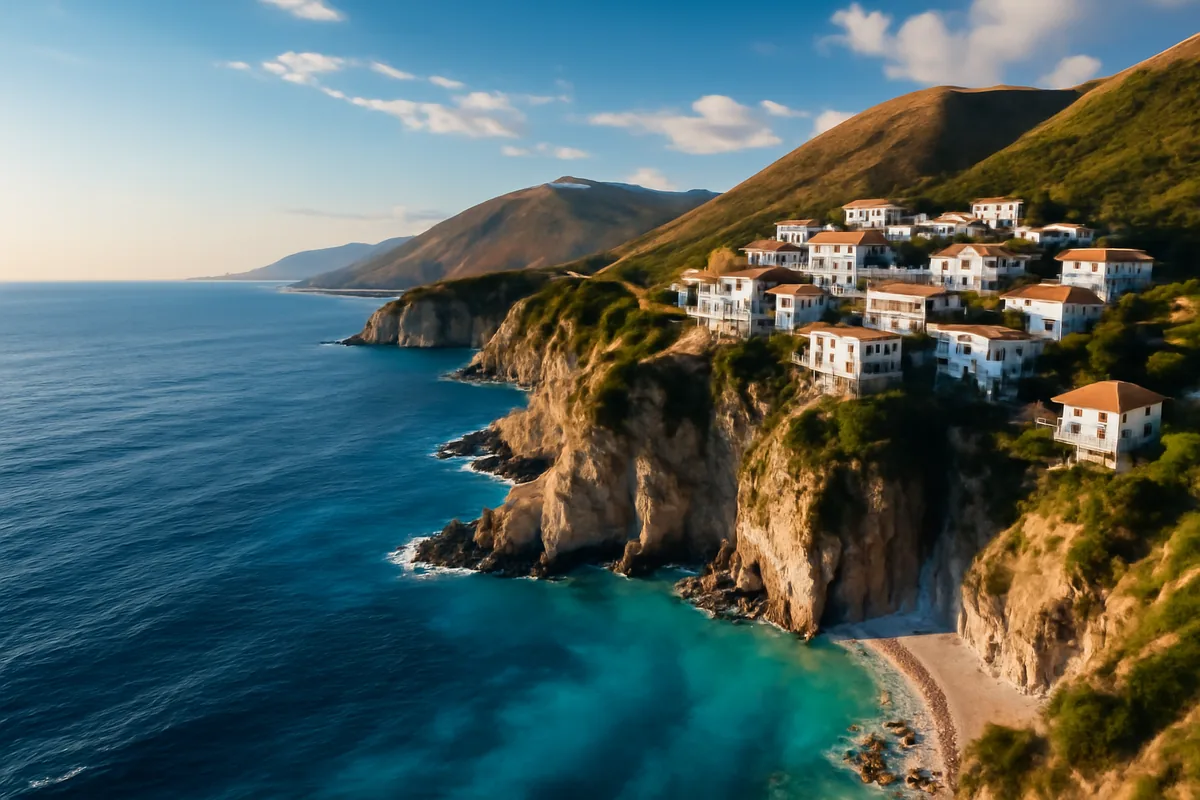 Panoramic view of the Albanian Riviera coastline featuring turquoise waters, dramatic cliffs, and a traditional whitewashed hillside village bathed in golden hour sunlight