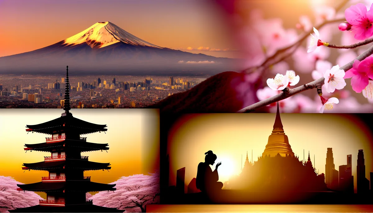 Stunning Asian travel destination montage showing Mount Fuji with cherry blossoms, traditional Thai temple, and modern Singapore cityscape during golden hour