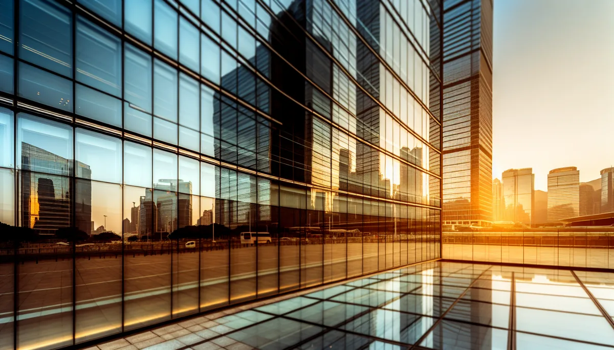 Modern glass office building in a business district with city skyline reflection during golden hour