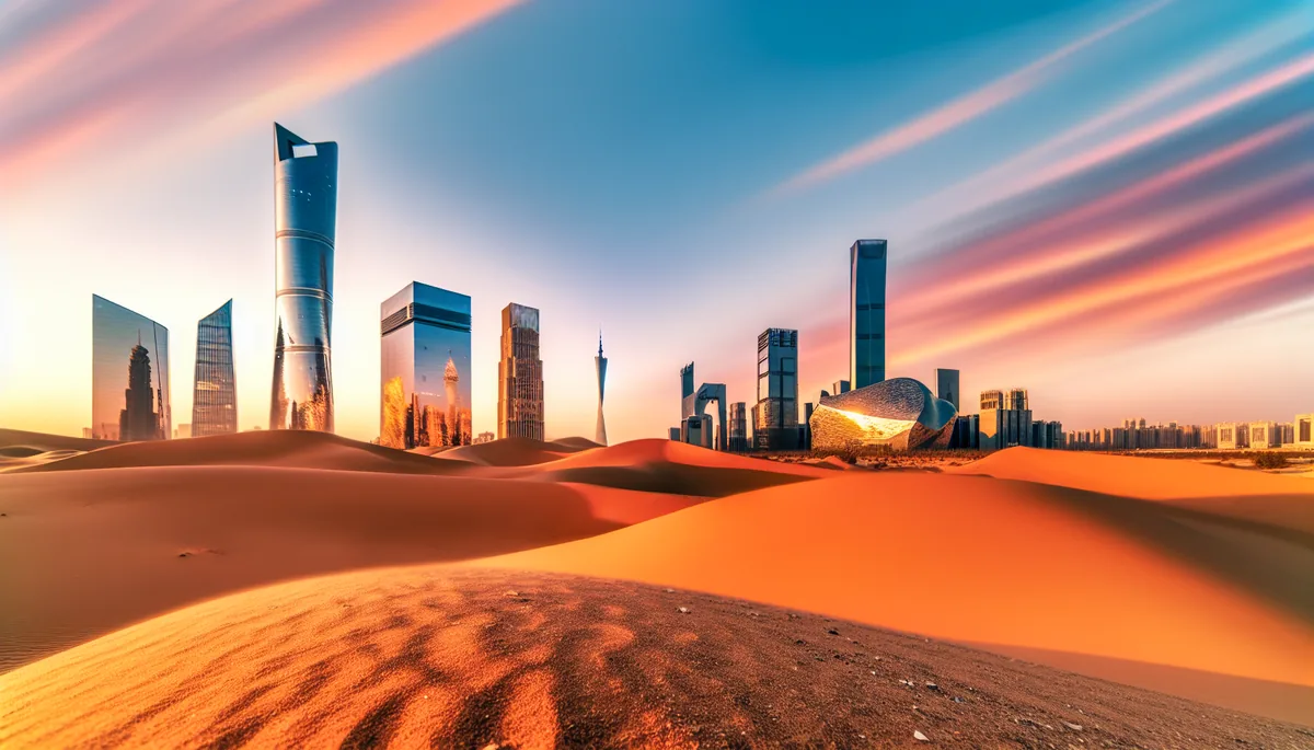 Dubai skyline at sunset featuring the Burj Khalifa and modern skyscrapers with golden desert dunes in the foreground