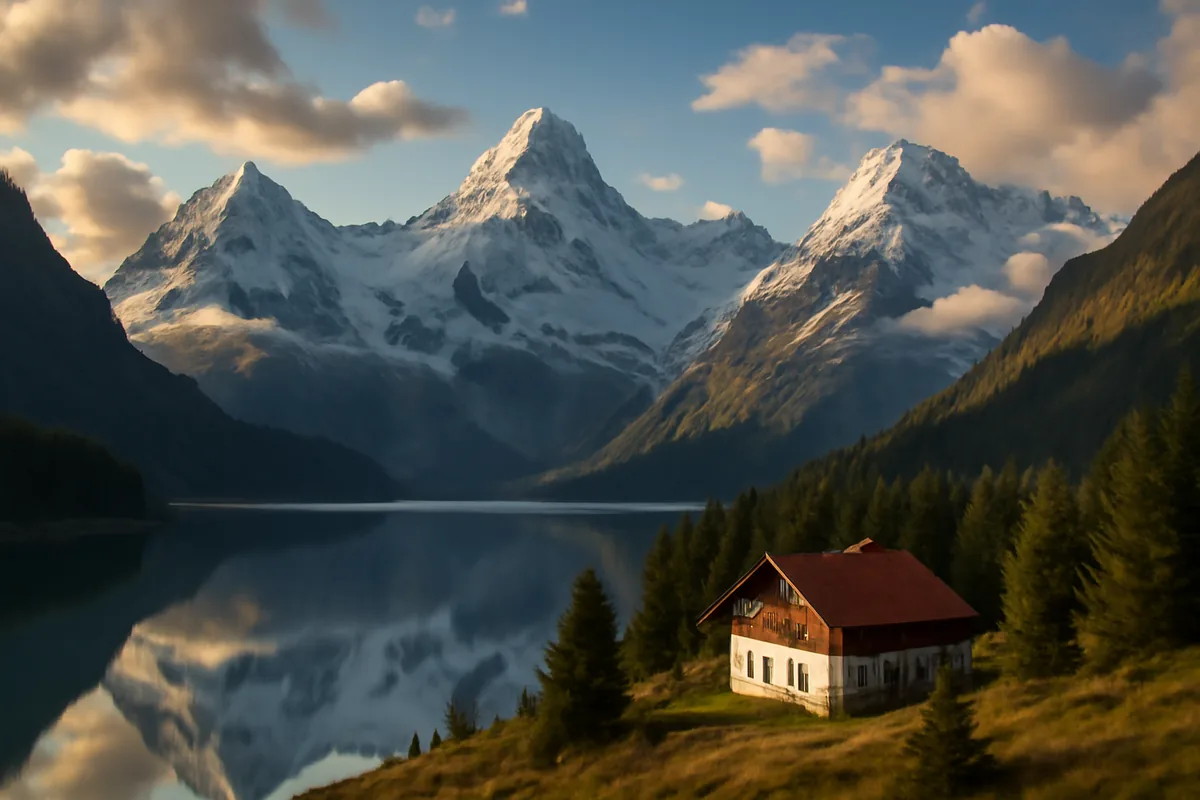 Panoramic view of the Swiss Alps with snow-covered mountain peaks, a glacial lake reflection, and a traditional wooden chalet surrounded by pine forests during golden hour