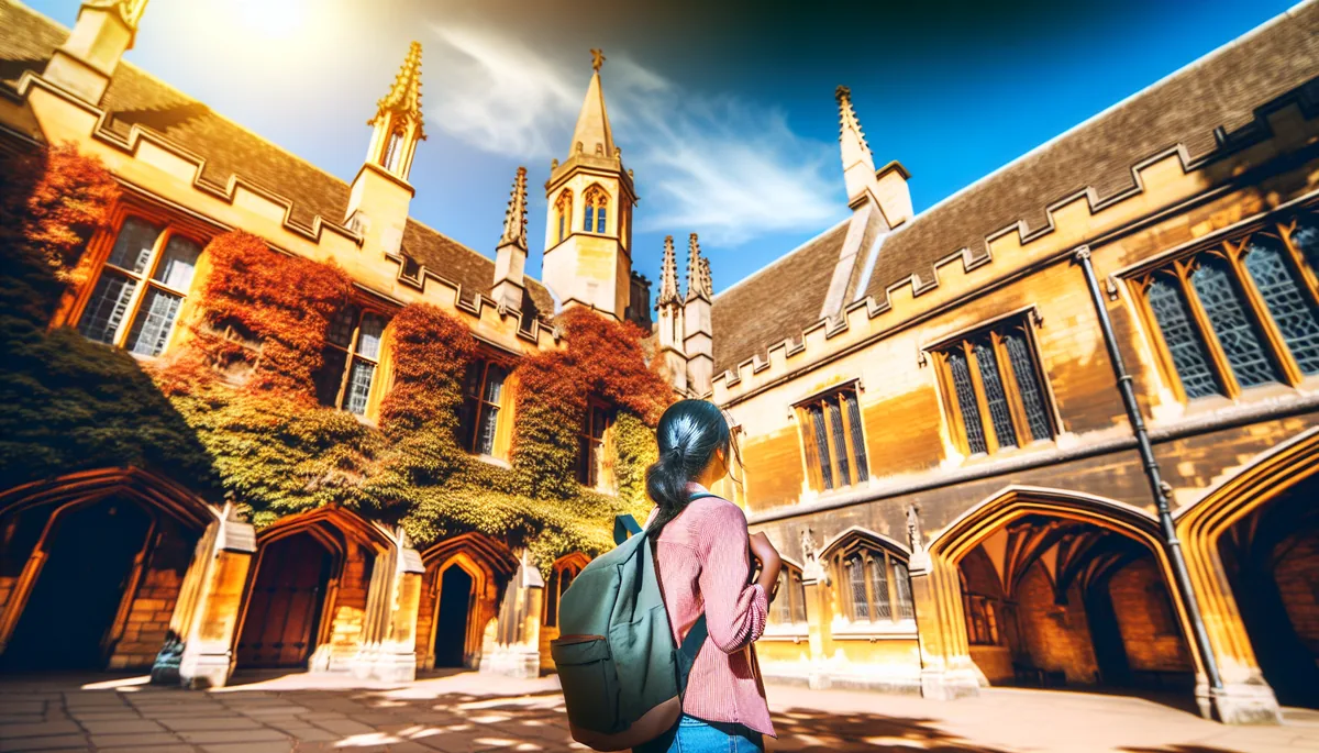 Student with backpack walking through a historic European university courtyard with Gothic stone architecture and ivy-covered walls in warm afternoon light