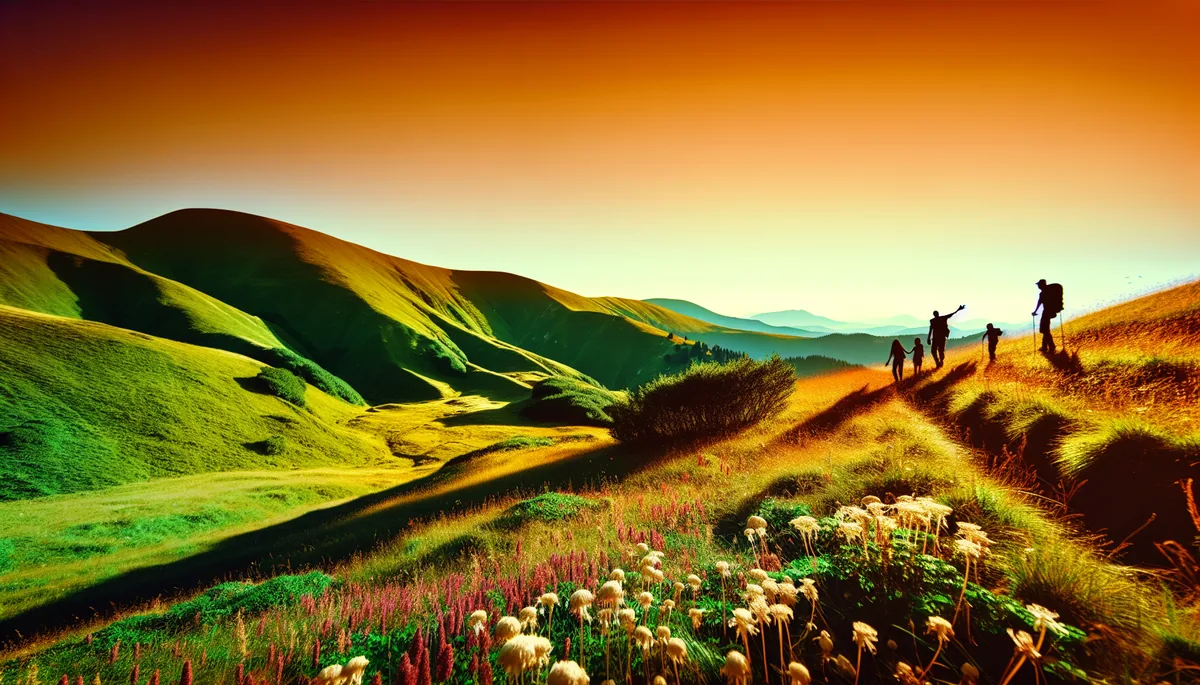 Family silhouettes walking together on a scenic mountain trail in a European Alpine setting during golden hour