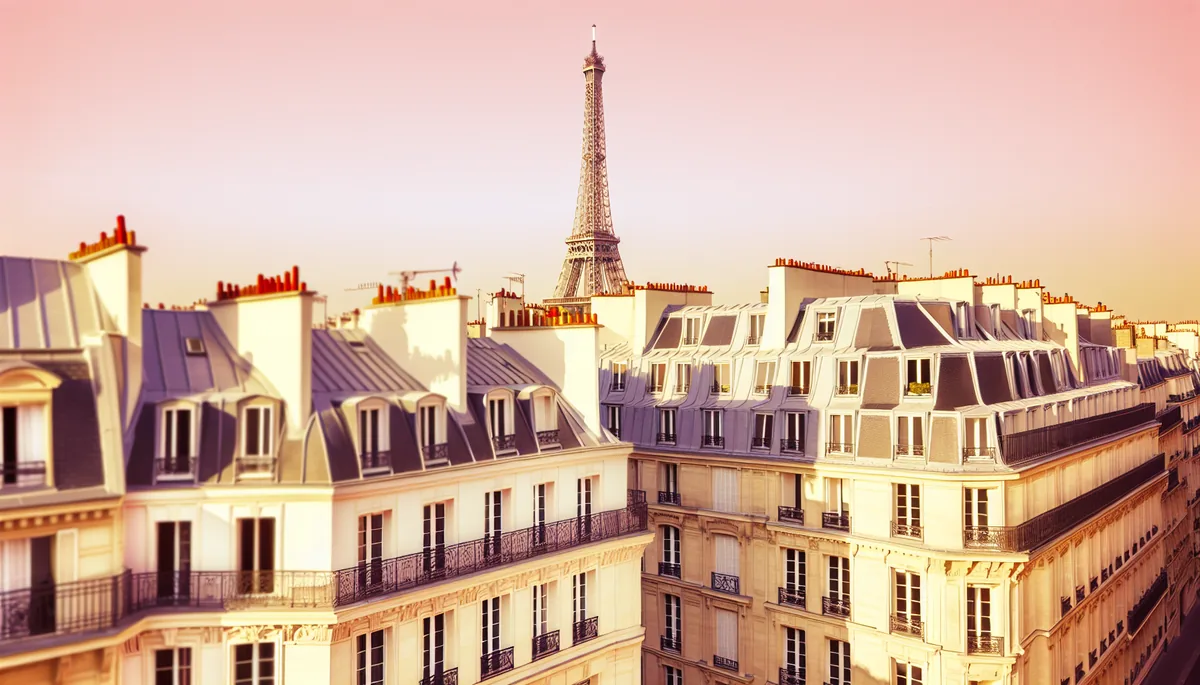 Golden hour view of the Eiffel Tower towering over traditional Parisian Haussmann-style buildings with cream facades and classic architecture